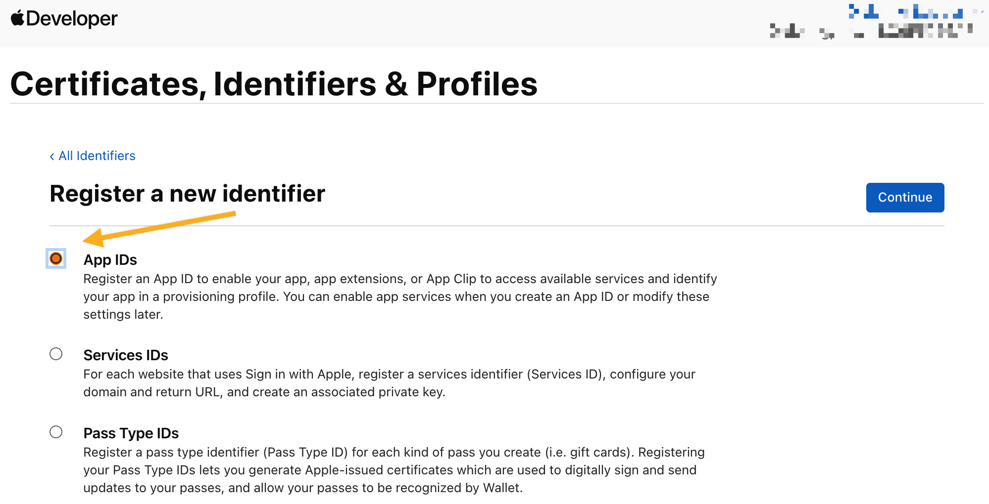Registro de un identificador nuevo con App IDs seleccionado