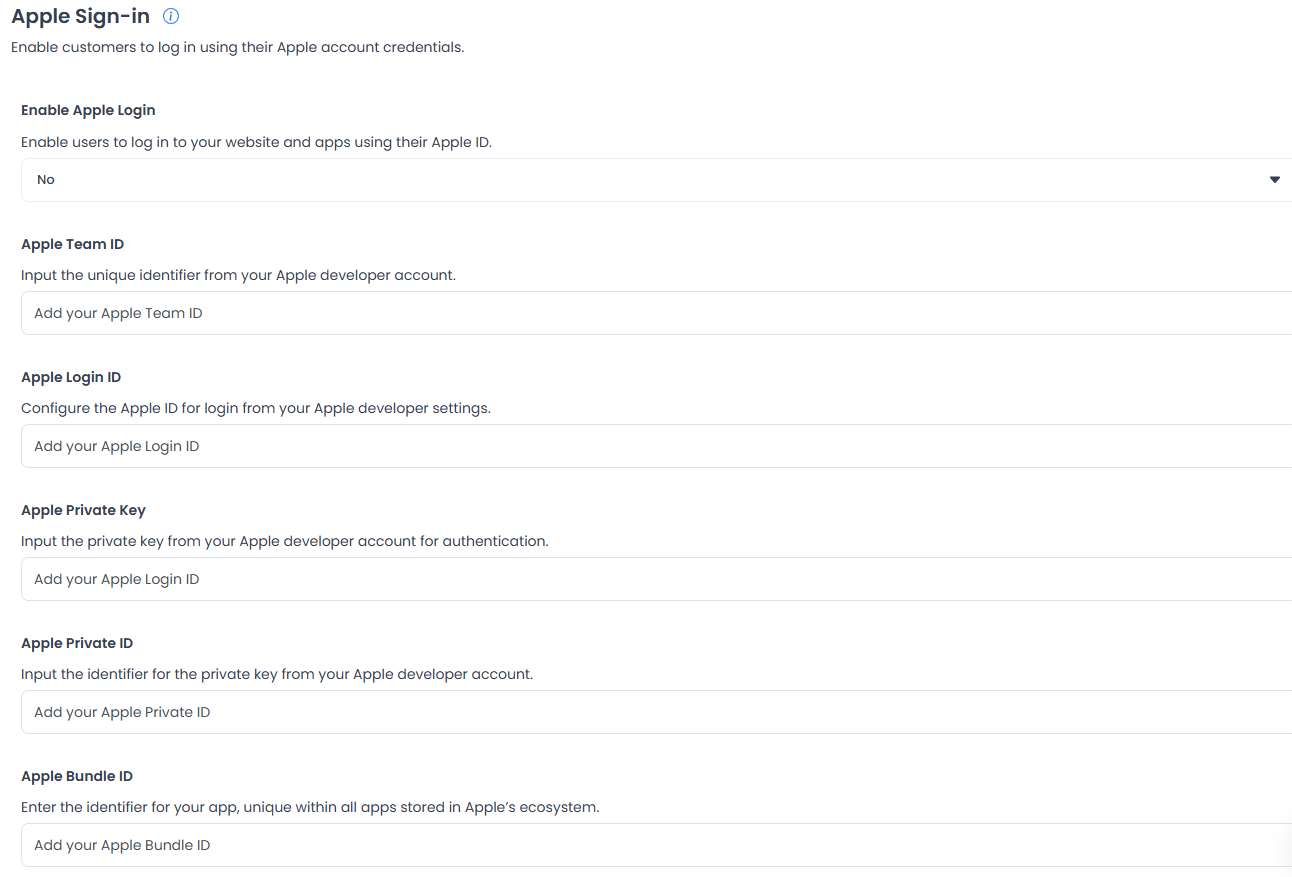 Campos Apple Sign-in para Enable Apple Login, Team ID, Login ID, Private Key, Private ID y Bundle ID