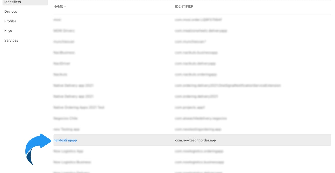 App ID nuevo en la lista Identifiers