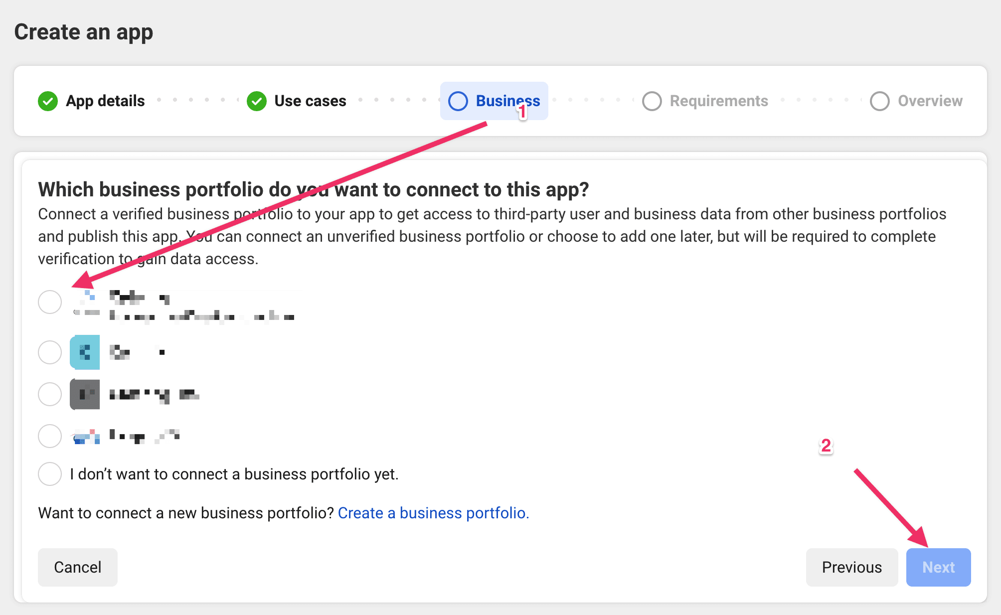 Paso Business portfolio de creación de app Facebook