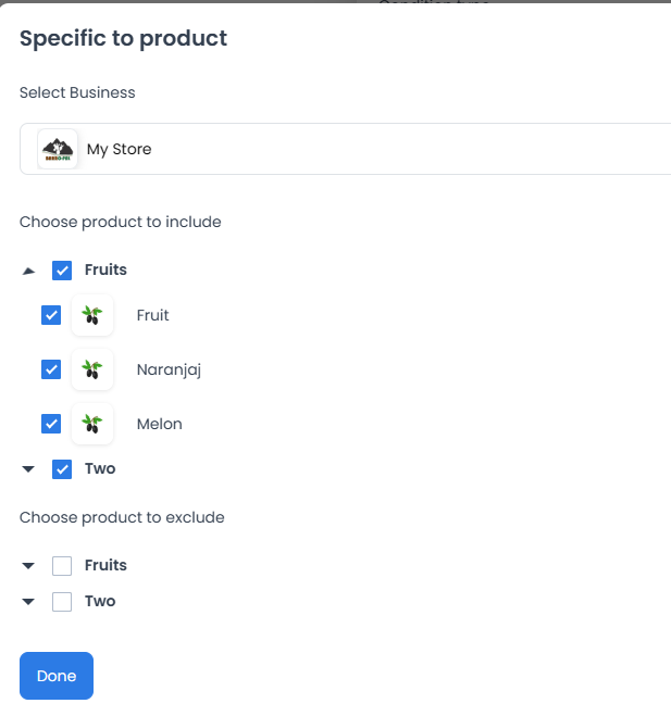 Cuadro Specific to product con selector de negocio y casillas para incluir o excluir categorías de productos