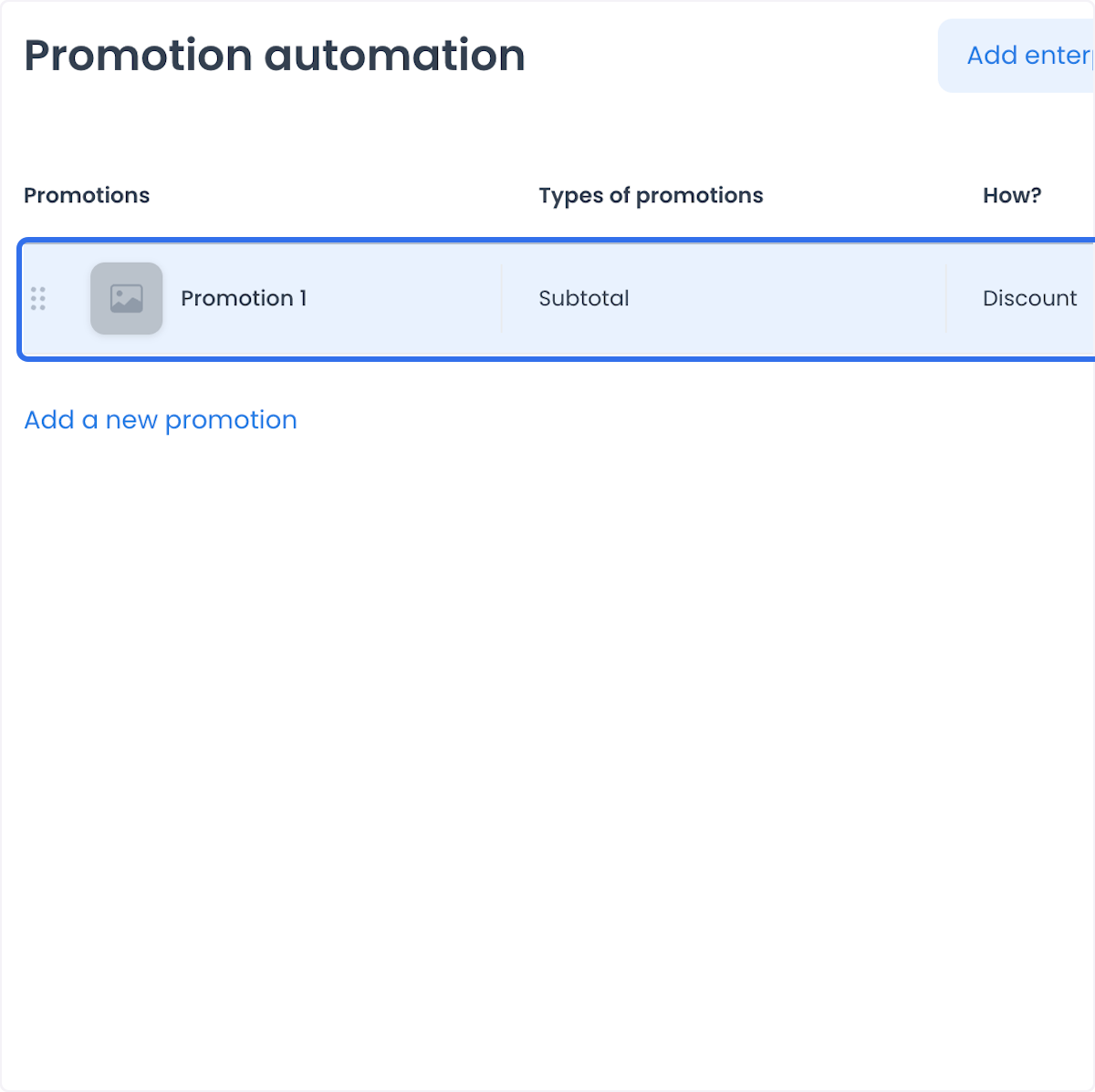 Lista de automatización de promociones con una fila seleccionada, tipo Subtotal, método Discount y acción Add a new promotion