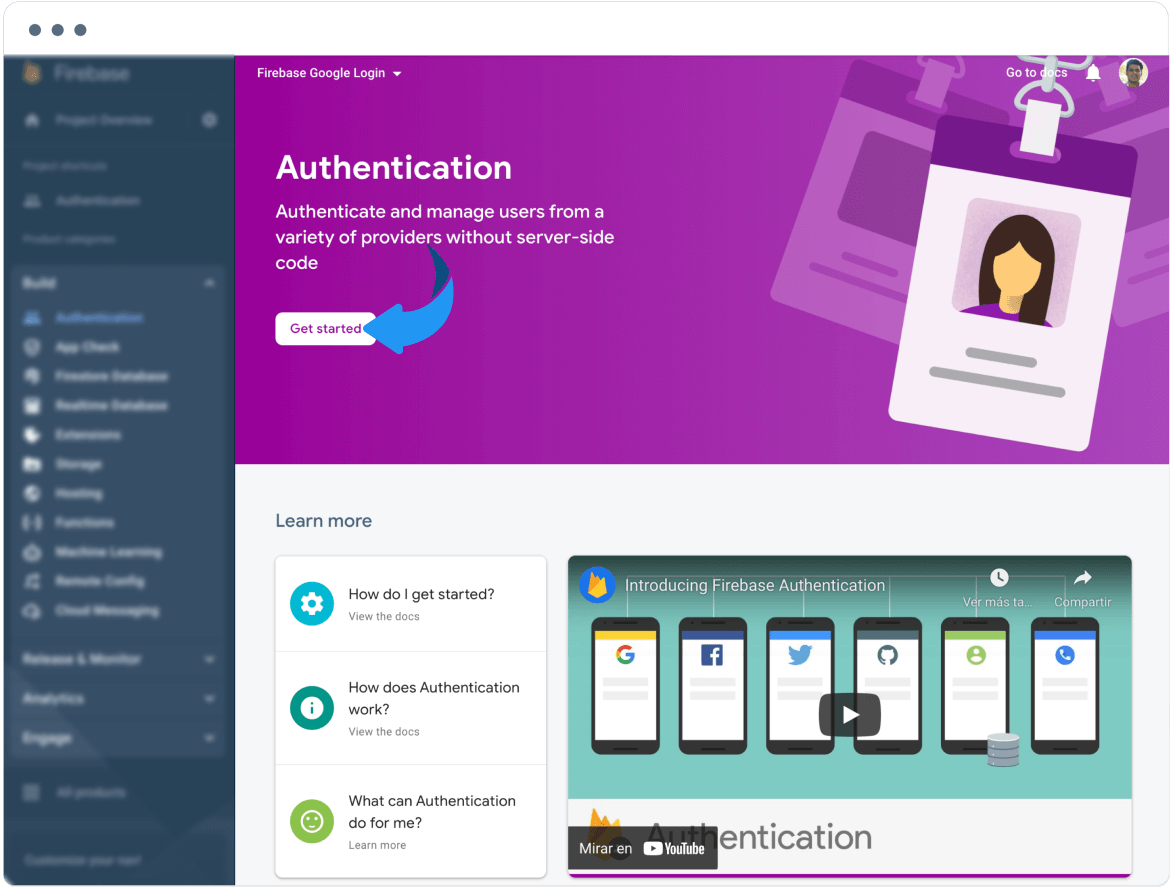 Get started de Authentication desde el menú anterior de Firebase