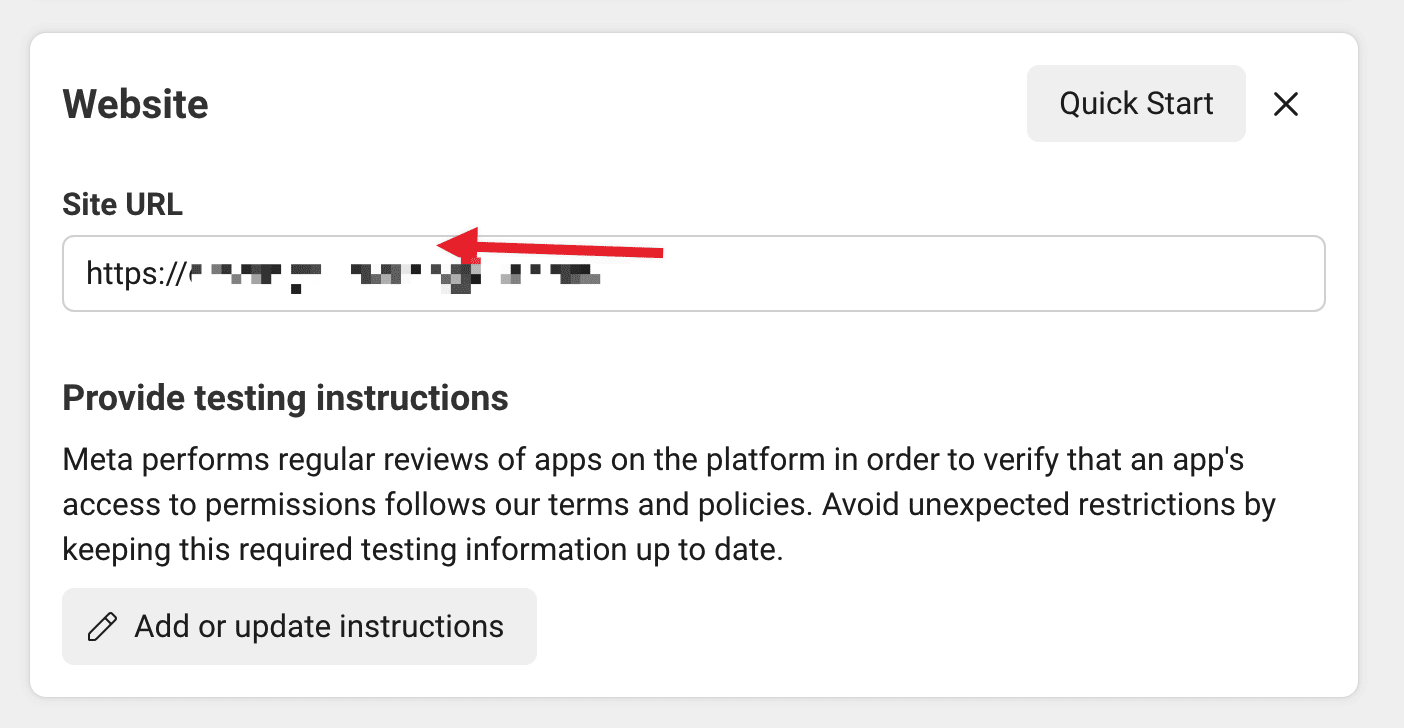 Add platform Web con URL del sitio para Facebook Login