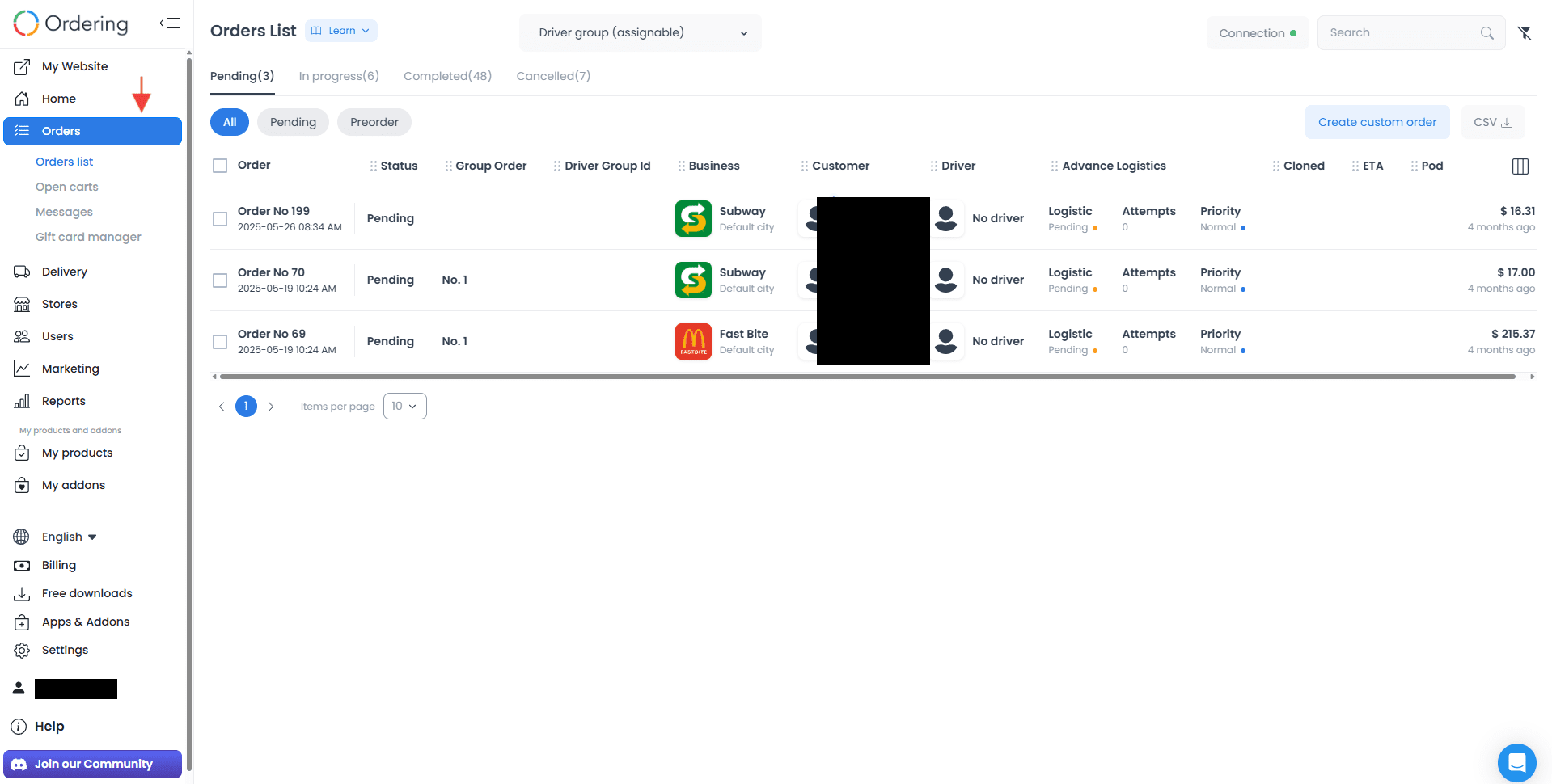 Lista de pedidos en el Dashboard