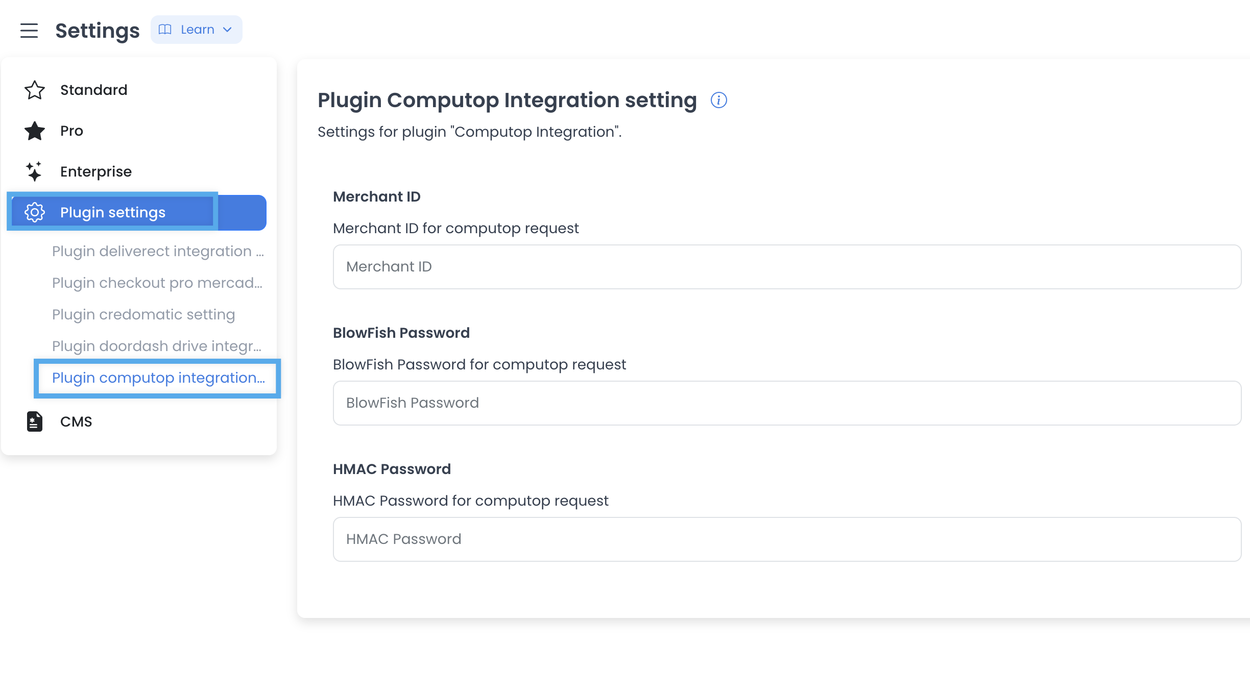 Ajustes históricos del plugin Computop con etiquetas Merchant ID, BlowFish Password y HMAC Password