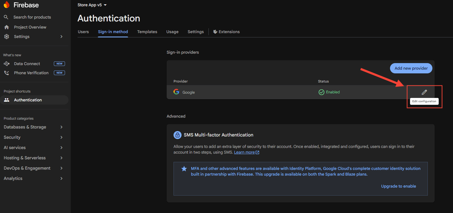 Editar el proveedor Google Sign-in