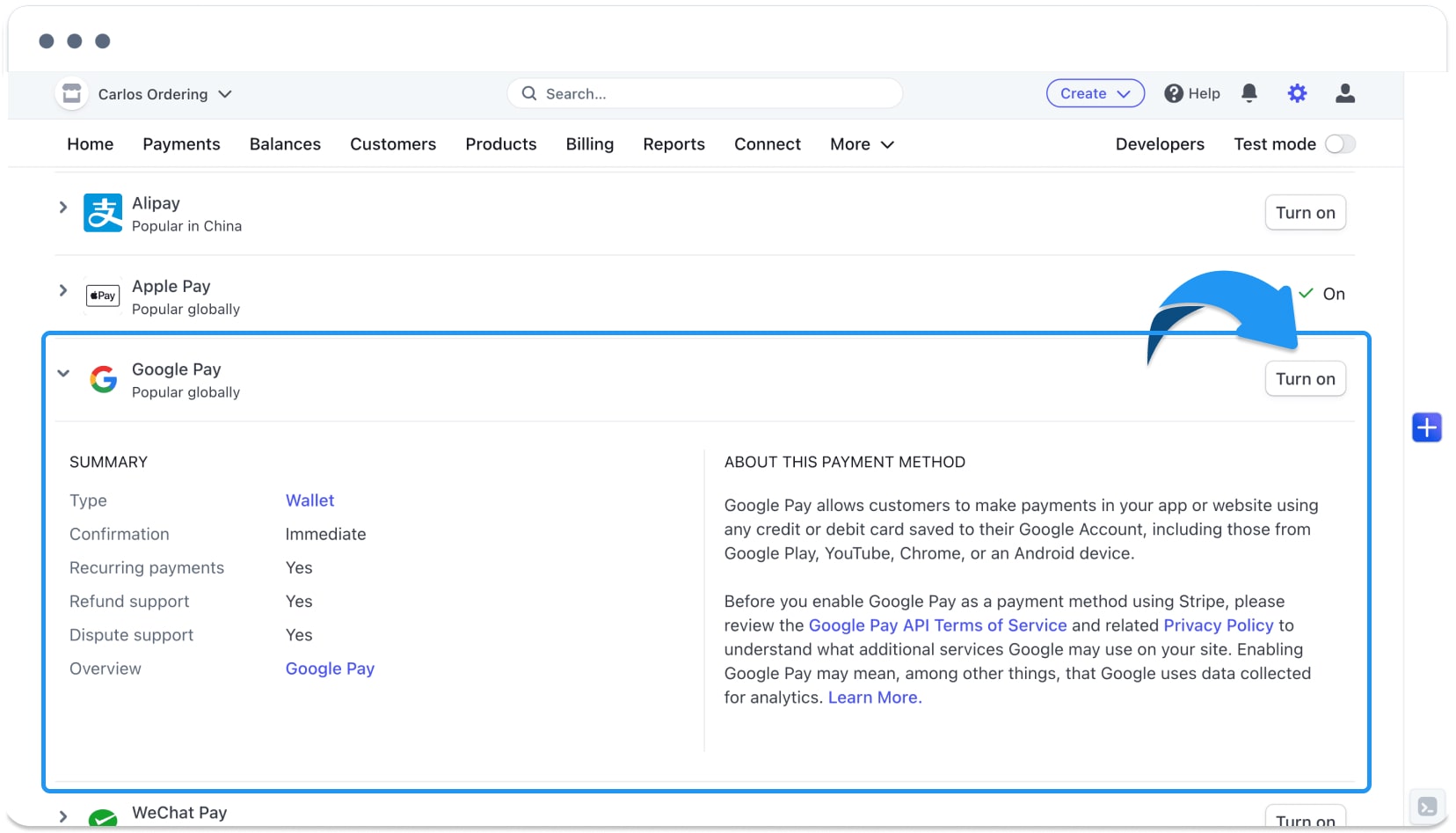 Vista histórica de material de prueba del proveedor Google Pay