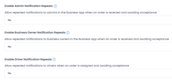 Interruptores de repetición de notificaciones de administrador, business owner y conductor