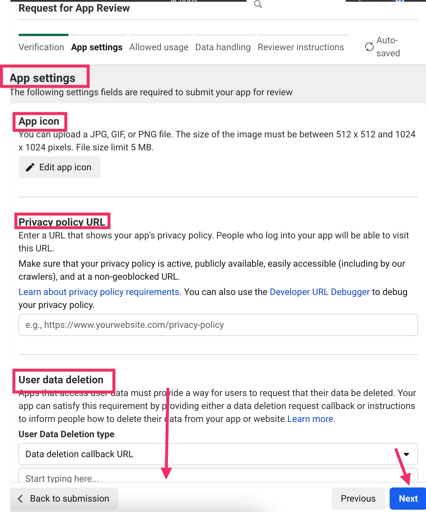 Ajustes de app Facebook con icono, política de privacidad, eliminación de datos, categoría y contacto principal