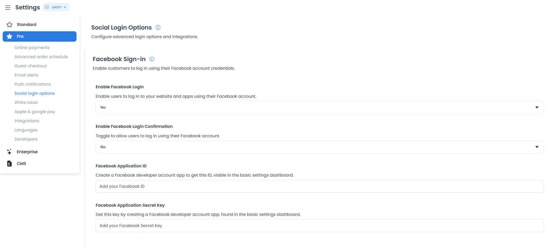 Campos Facebook Sign-in para Enable Facebook Login, confirmación, Application ID y Application Secret Key