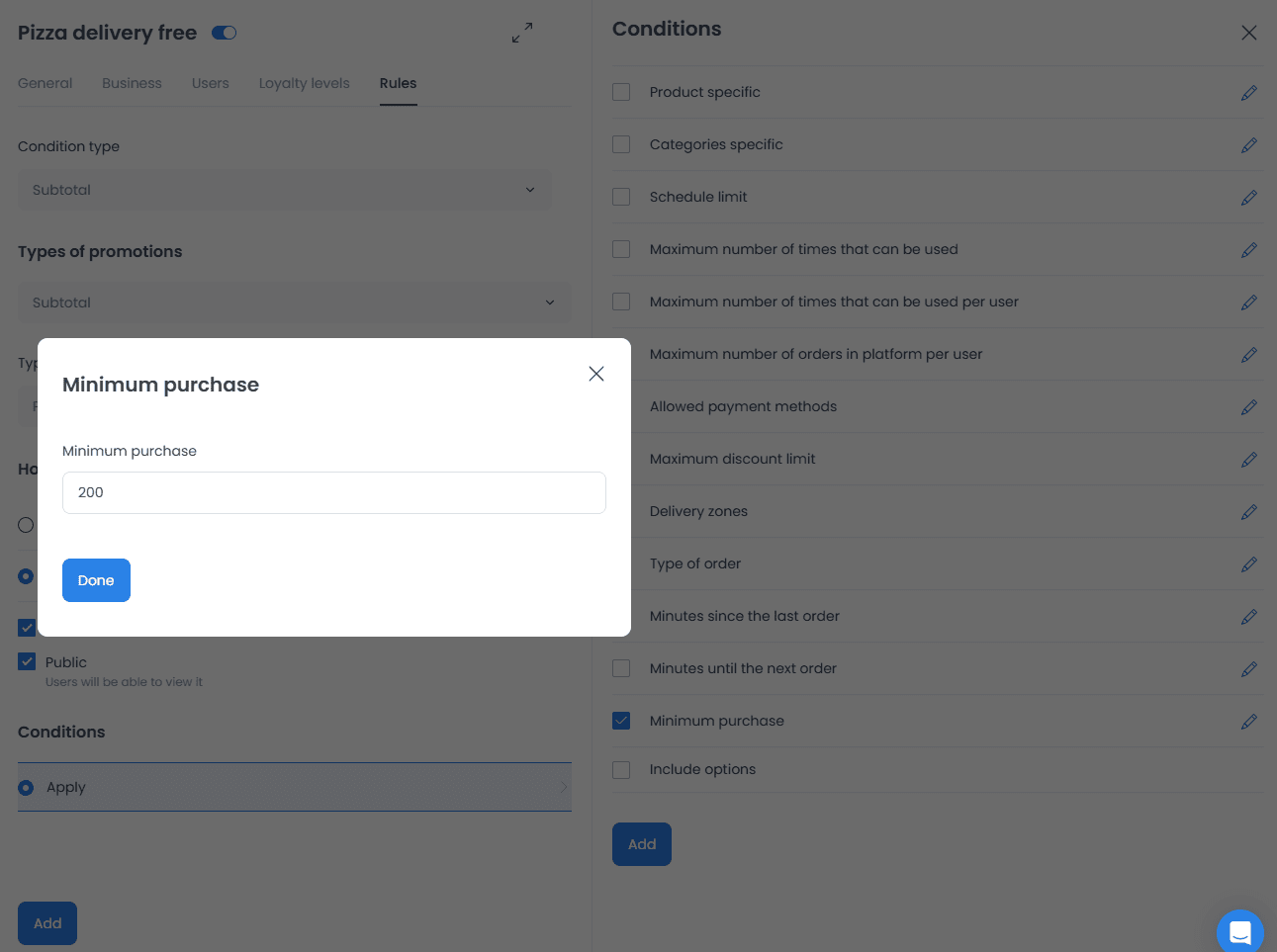 Cuadro de compra mínima sobre la lista de condiciones, con campo de límite y acción Done