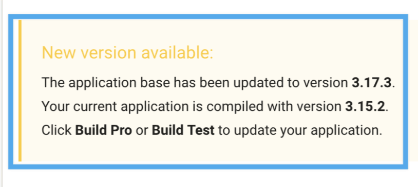 Mensaje de actualización de la versión base de la aplicación