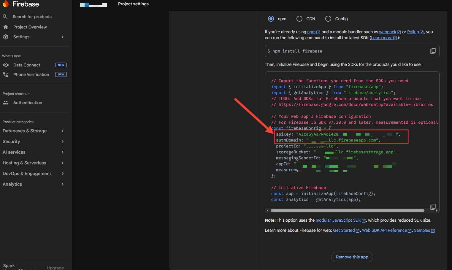 apiKey y authDomain copiados