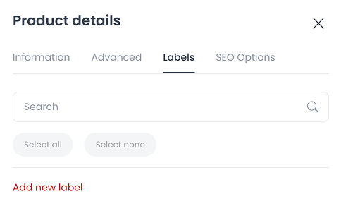 Pestaña Labels con controles Search, Select all, Select none y Add new label