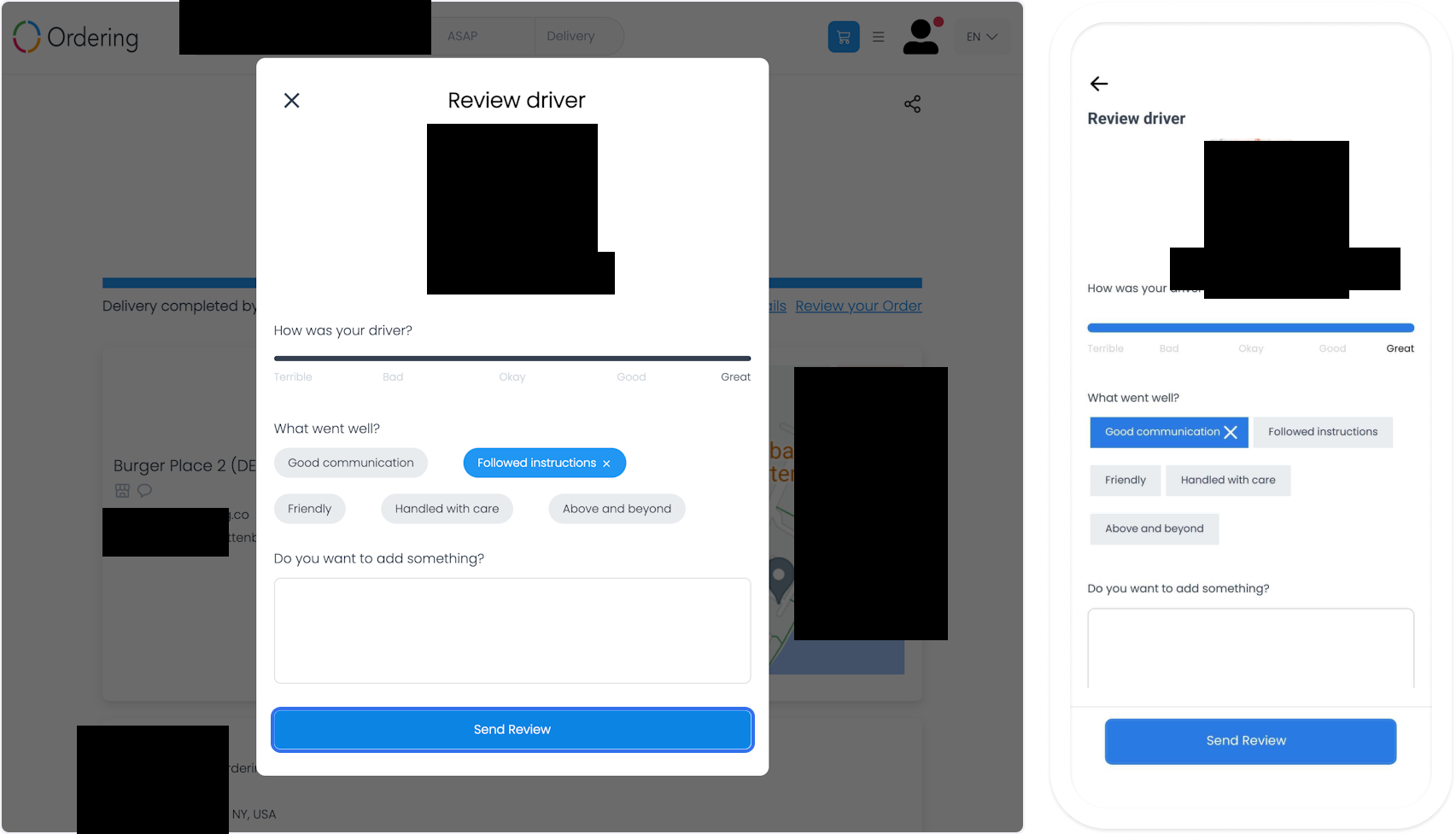 Controles de reseña del conductor para el cliente