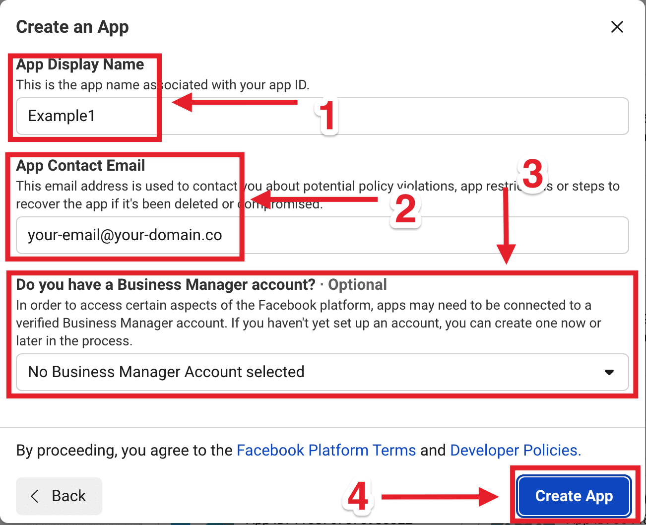 Formulario Create App con App Display Name, correo de contacto y Business Manager