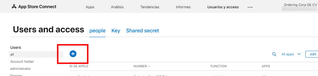 Control Add User de App Store Connect