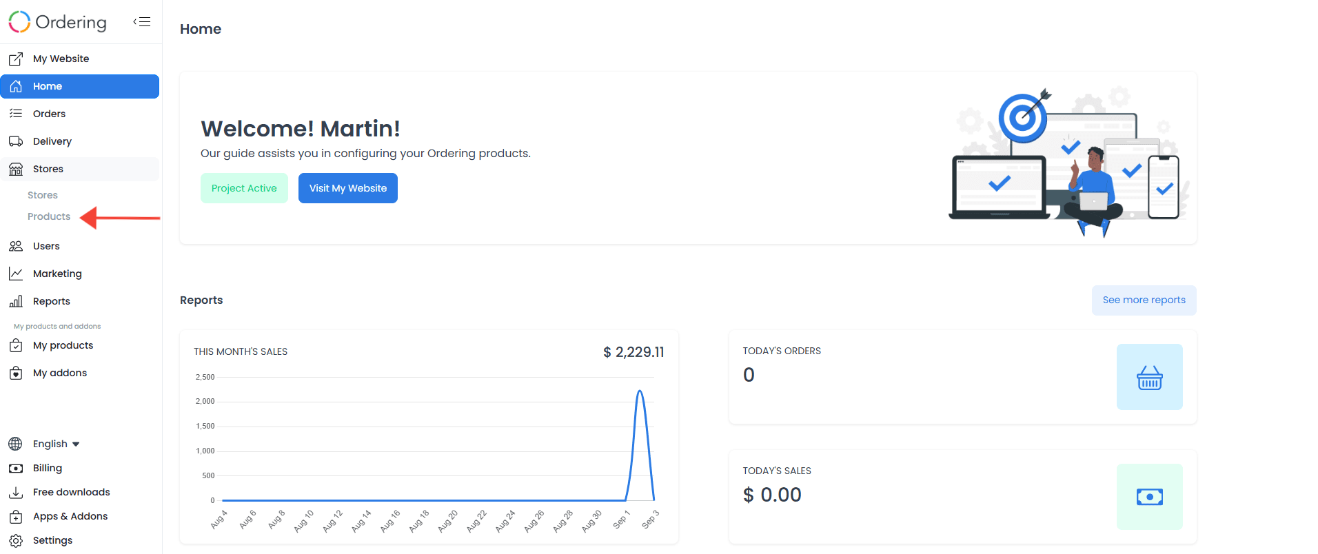 Navegación de Dashboard con Stores desplegado y Products indicado