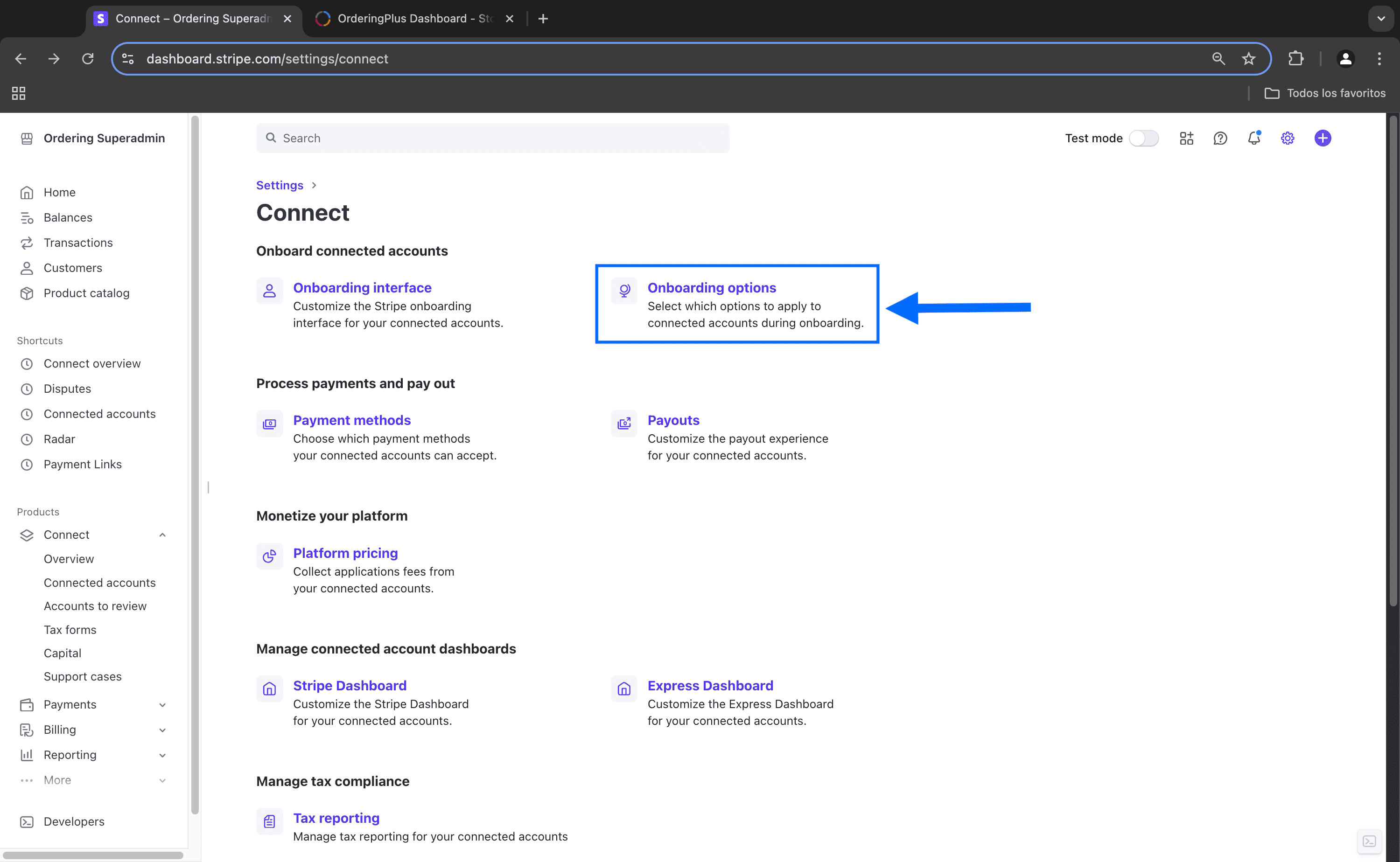 Opciones de registro de Stripe