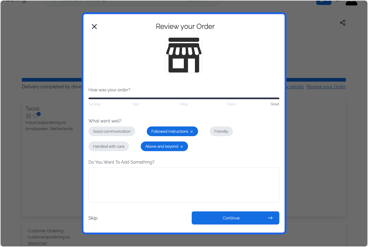 Cuadro Review your Order con calificación y respuestas predefinidas