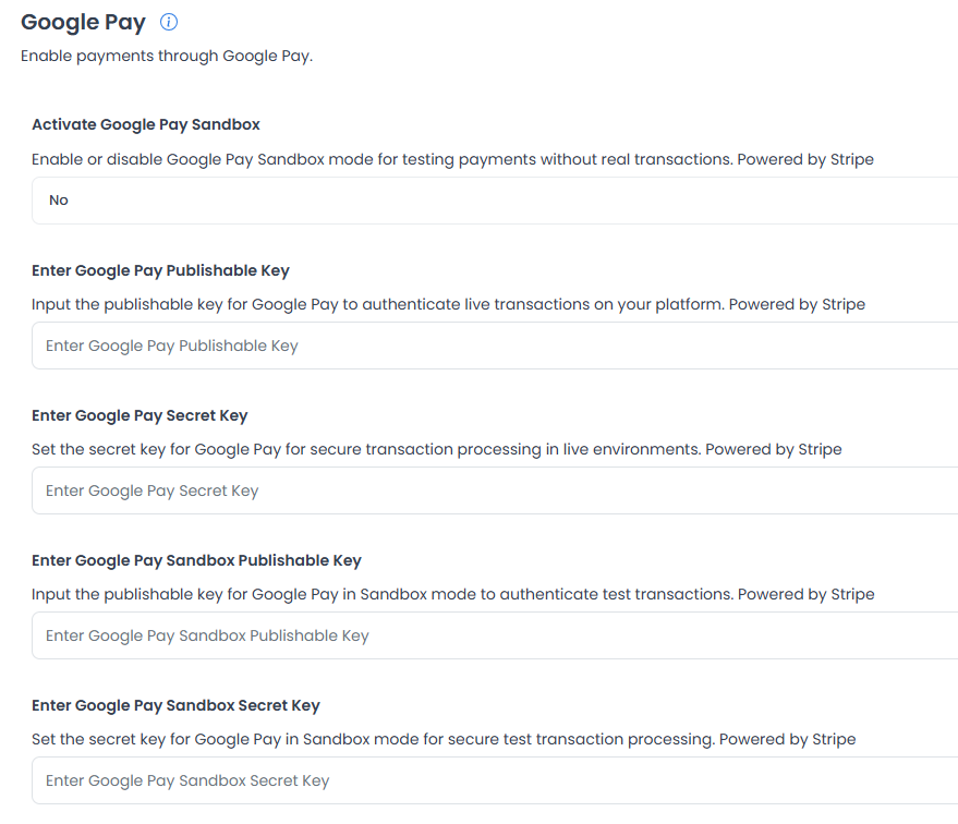 Campos de configuración Google Pay