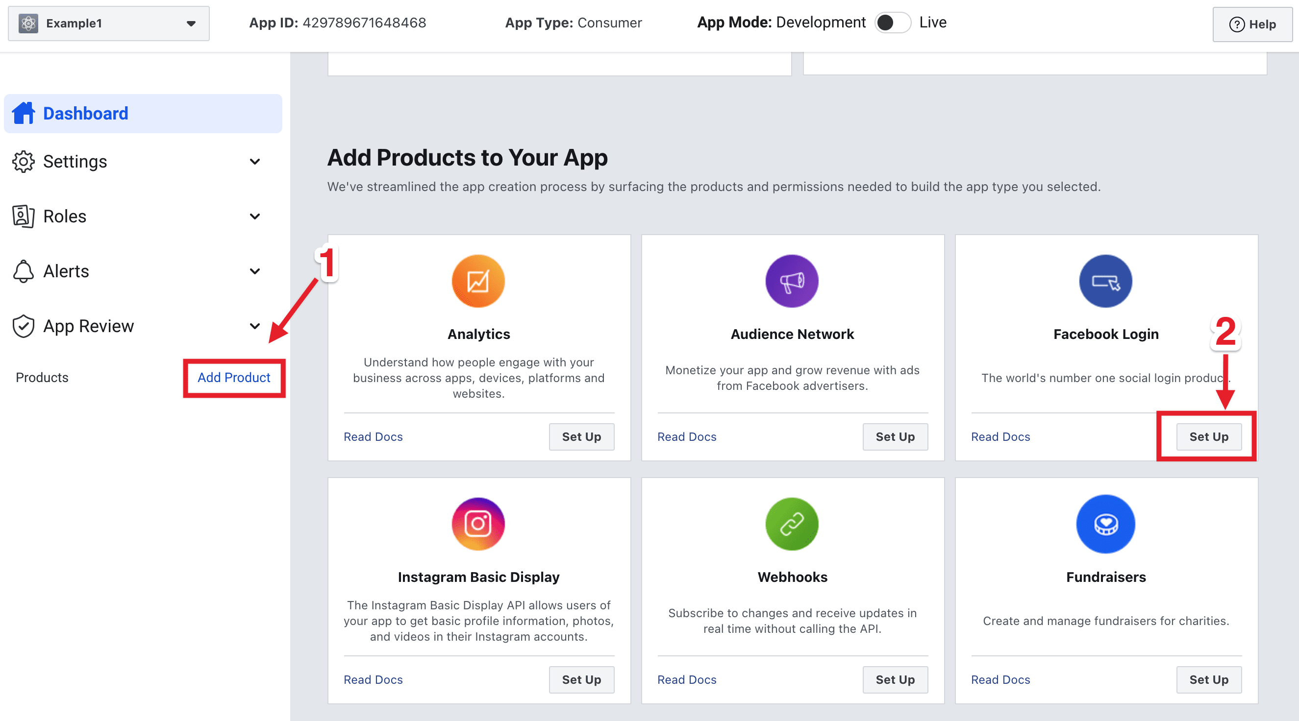 Add product con Facebook Login Set up
