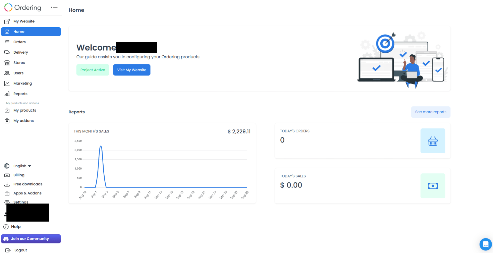 Dashboard Home con estado del proyecto, navegación y tarjetas de informes