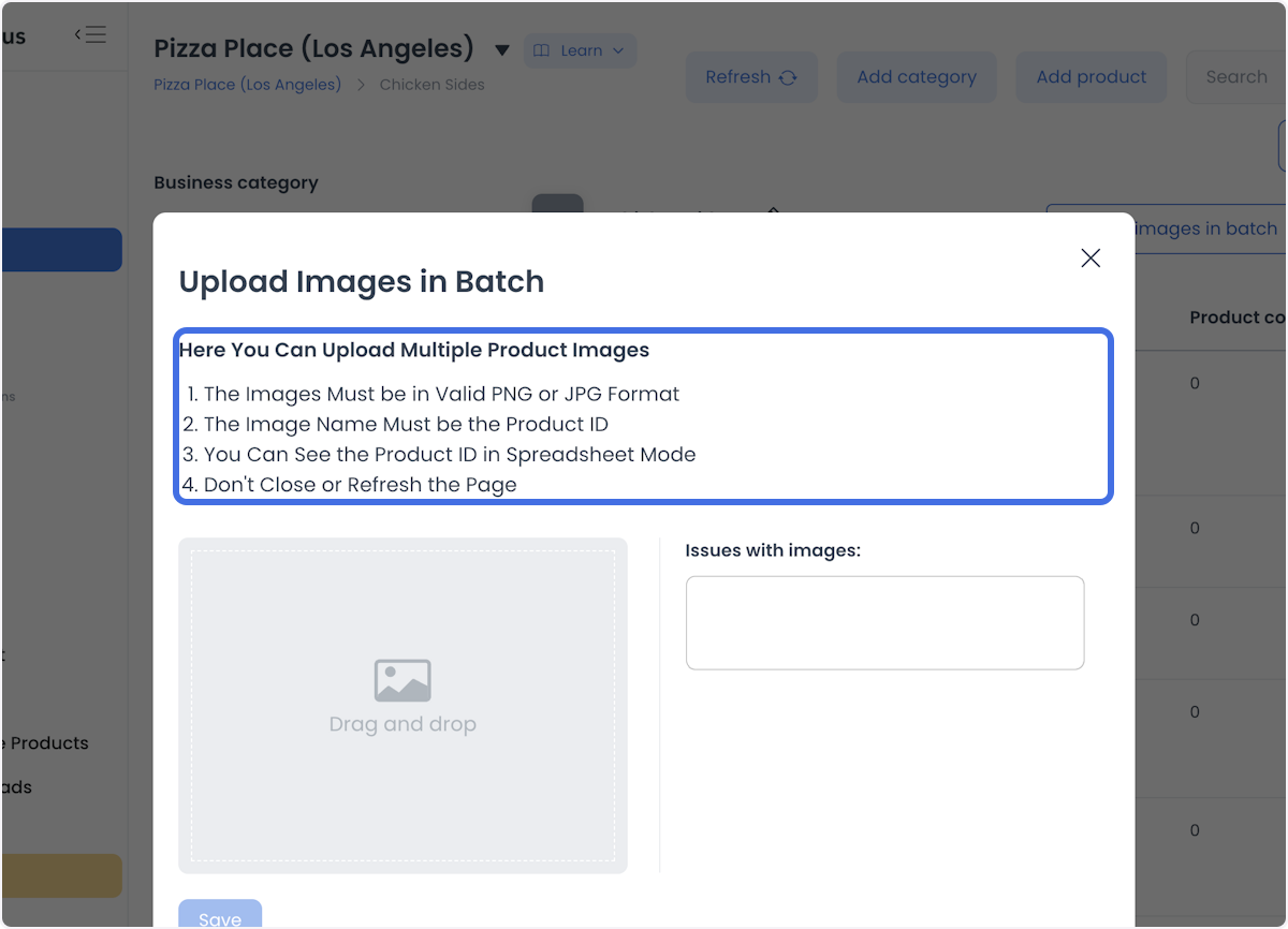Cuadro Upload Images in Batch con los requisitos de formato, Product ID, Spreadsheet Mode y no actualizar la página