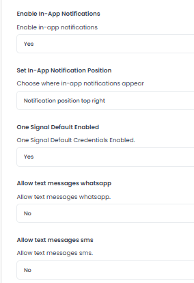 Controles de notificaciones in-app, One Signal Default Enabled, WhatsApp y SMS