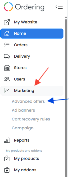 Barra lateral de Dashboard con Marketing y Advanced offers resaltados