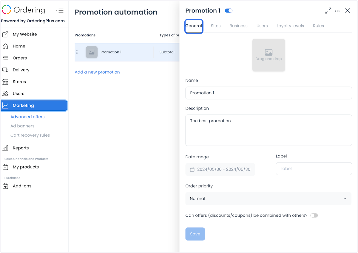 Pestaña General del editor de promociones con carga de imágenes, nombre, descripción, fechas, etiqueta, prioridad, opción de combinación y acción Save