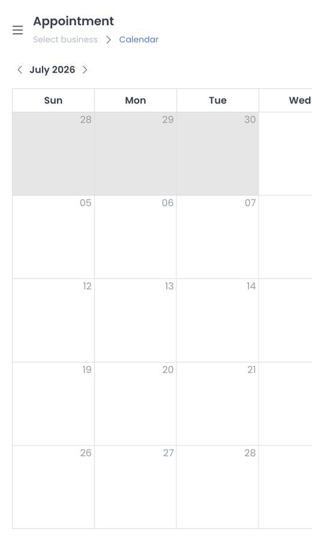 Appointments month calendar with no selected business and no customer or order events