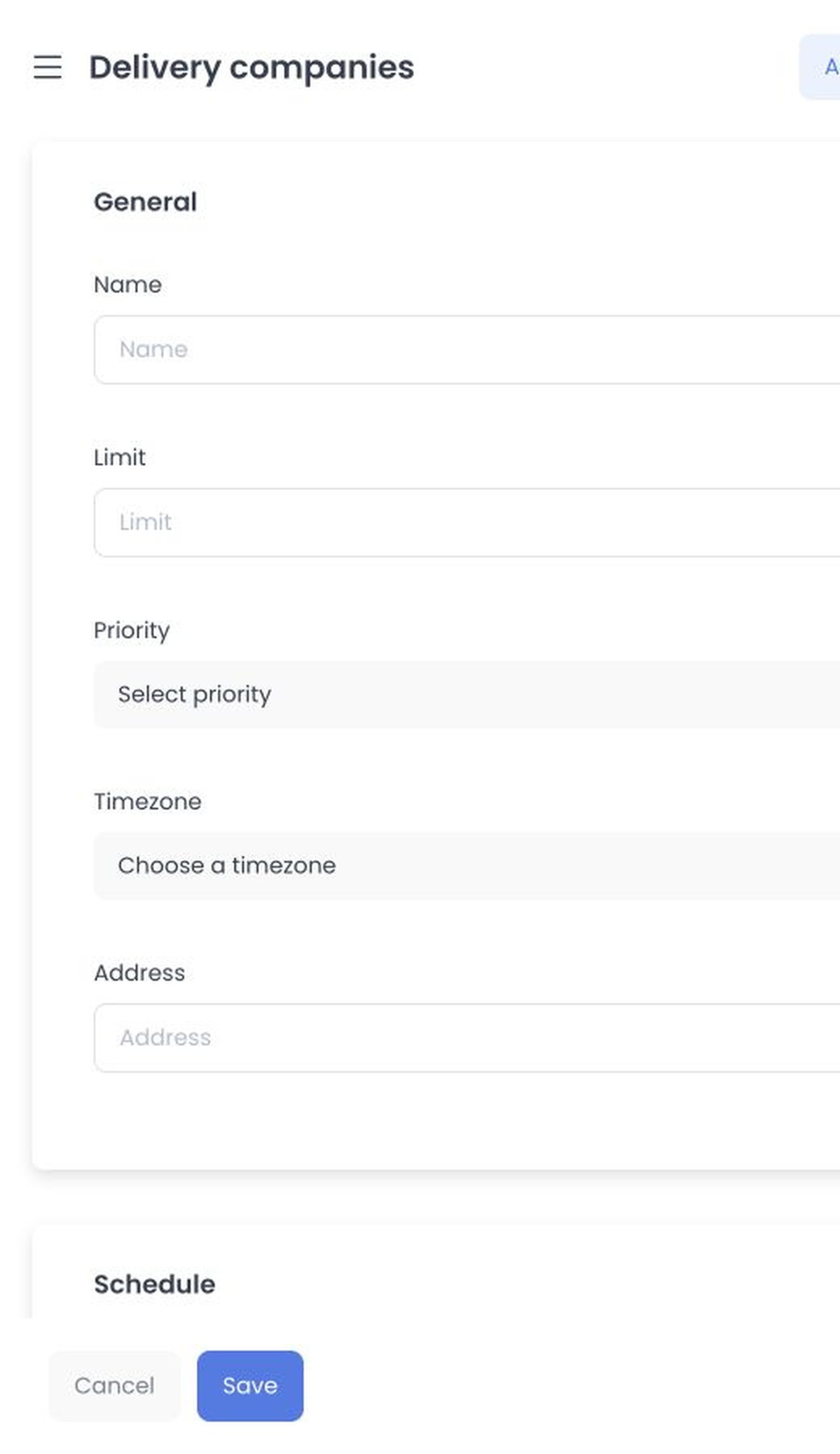 Empty Add delivery company form showing General fields and the beginning of Schedule
