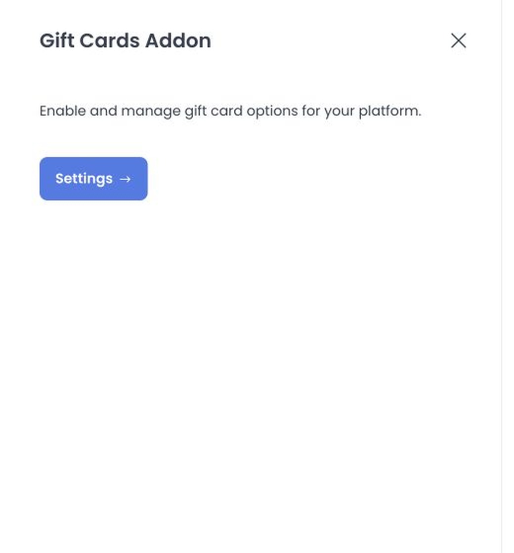 Gift Cards Addon panel and its two platform feature settings
