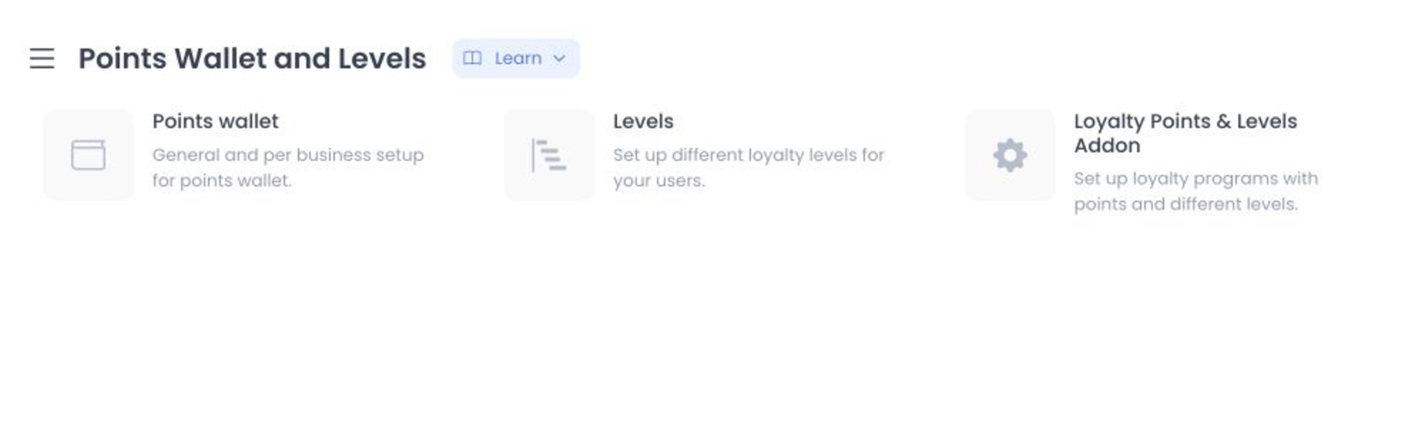Points Wallet and Levels catalogue cards without plan or customer details