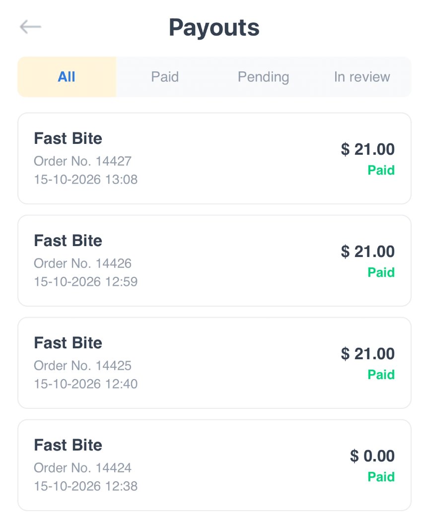 Pantalla Payouts de la Driver App con entregas pagadas y los filtros All, Paid, Pending e In review