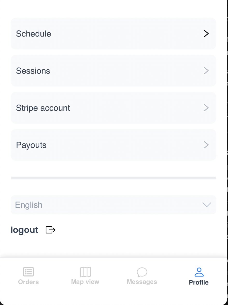 Menú de perfil de la Driver App con Schedule, Sessions, Stripe account y Payouts