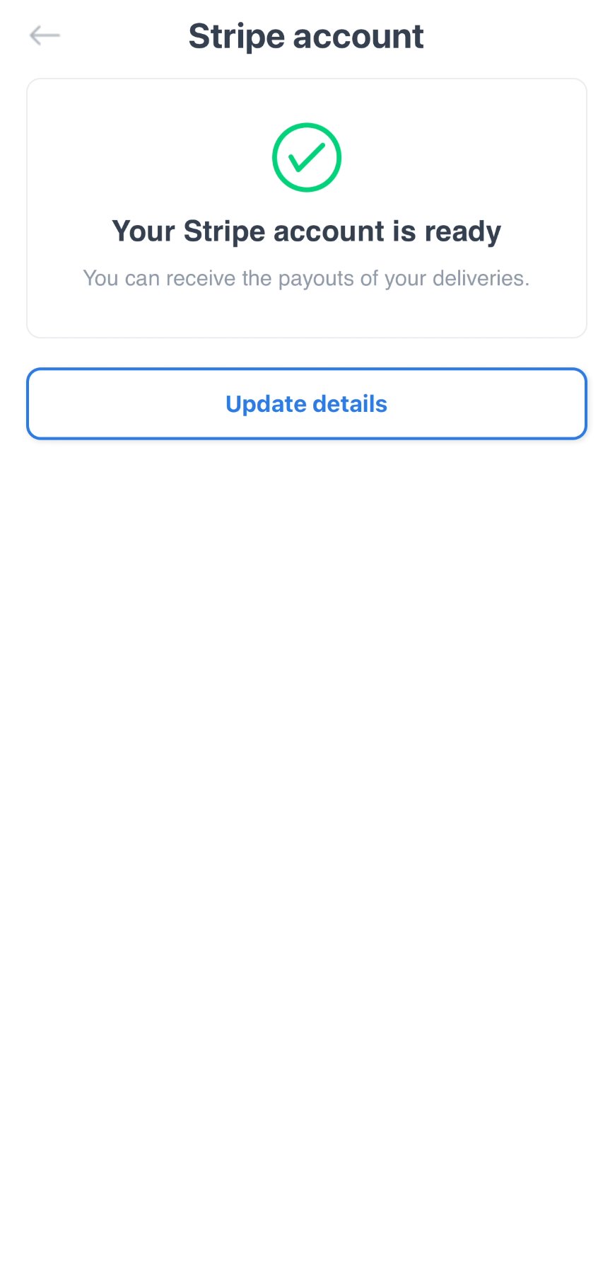 Pantalla Stripe account de la Driver App con el mensaje Your Stripe account is ready y el botón Update details