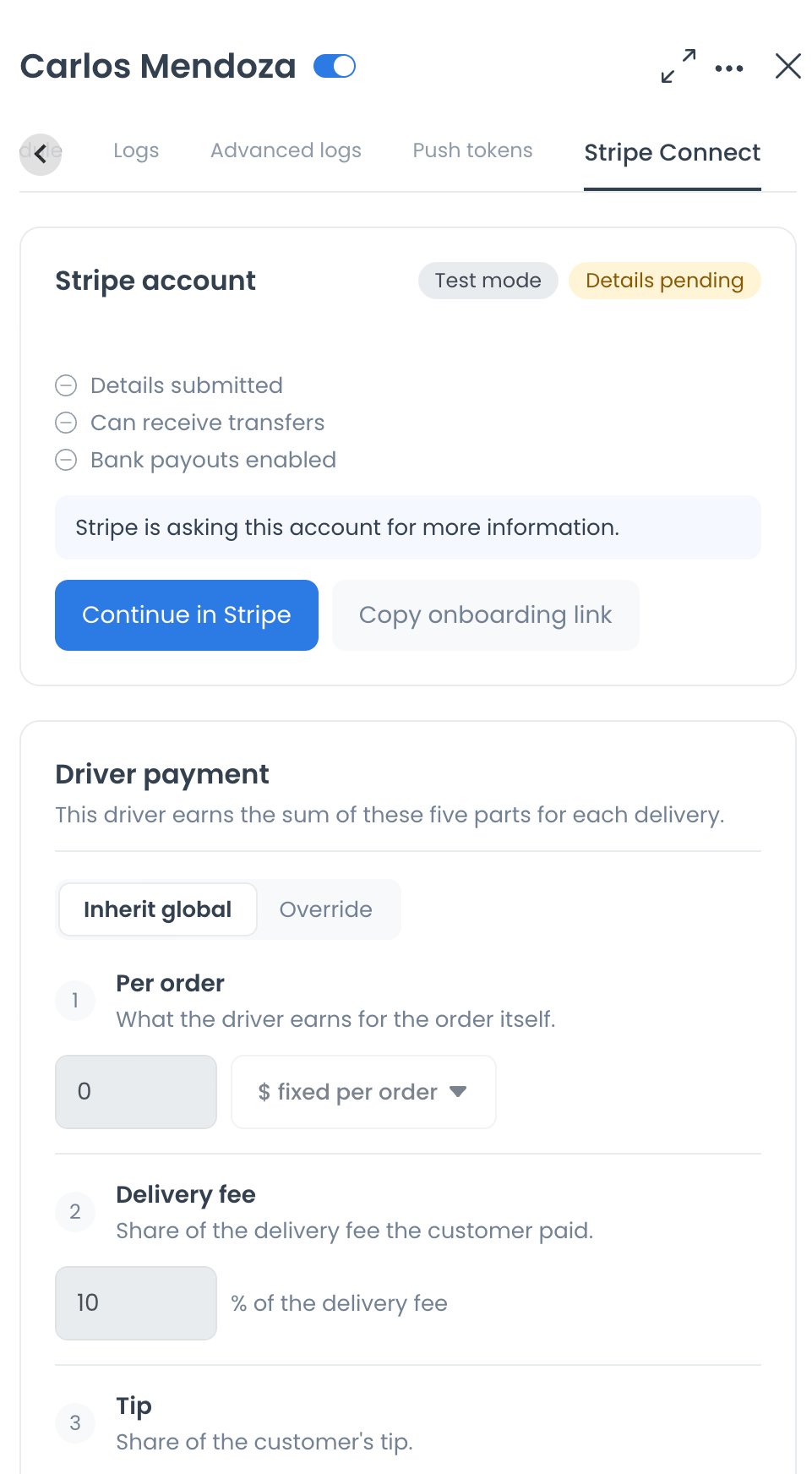 Perfil del repartidor en el Dashboard con la pestaña Stripe Connect, el estado de la cuenta y la sección Driver payment