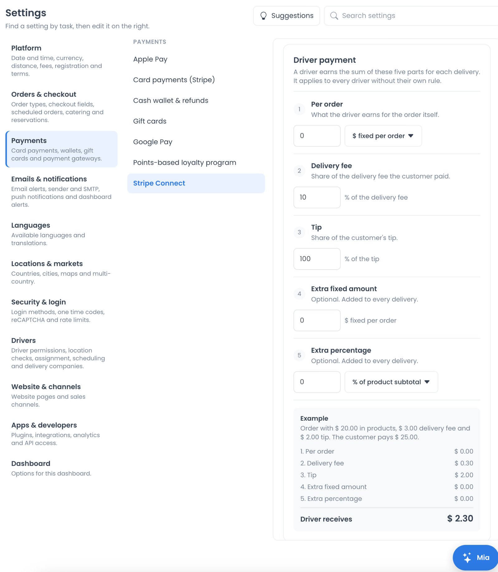 Configuración de Driver payment con pago por pedido, envío, propina, monto fijo extra y porcentaje extra, más un ejemplo de lo que recibe el repartidor