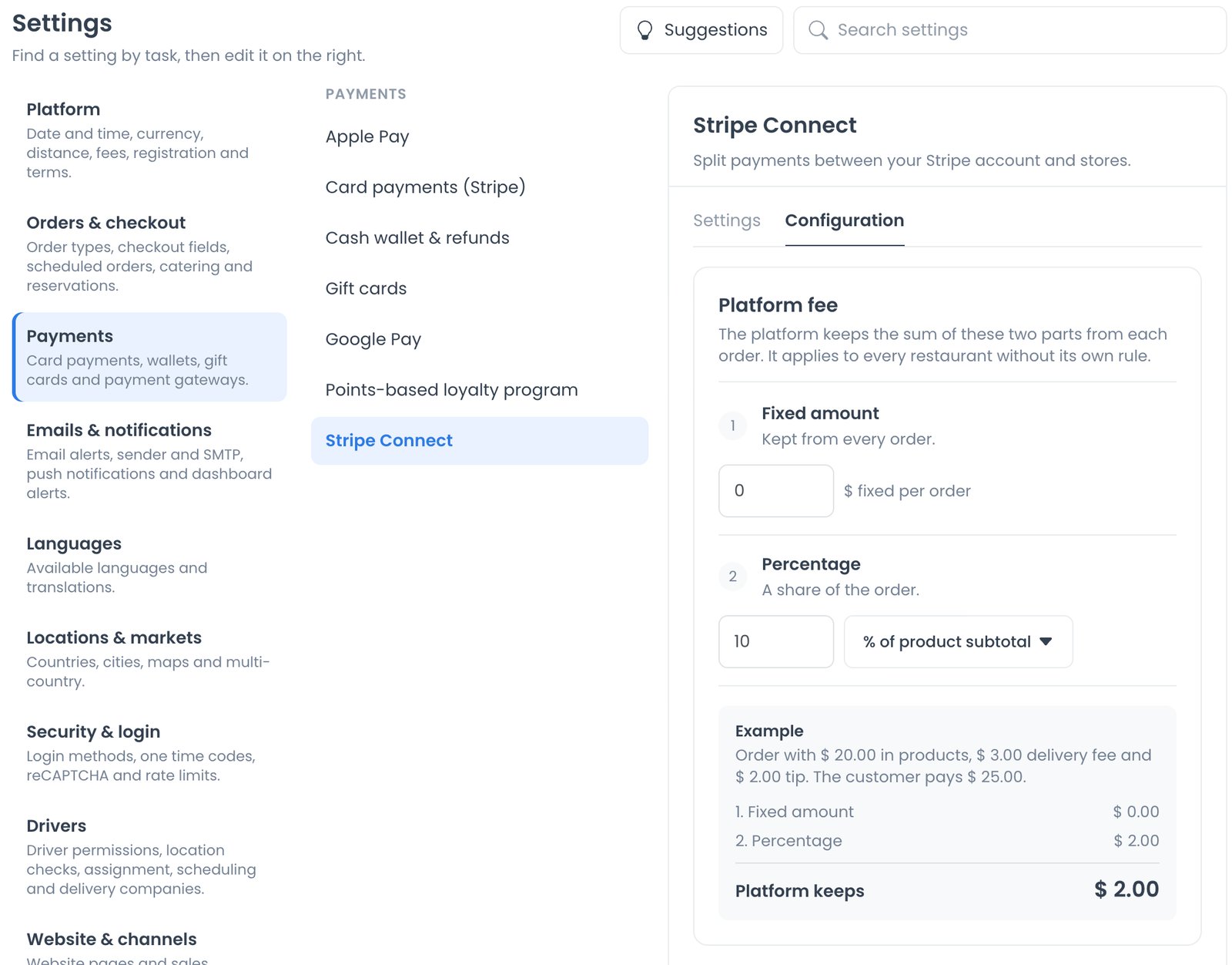 Configuración de Platform fee con monto fijo, porcentaje del subtotal de productos y un ejemplo de cálculo
