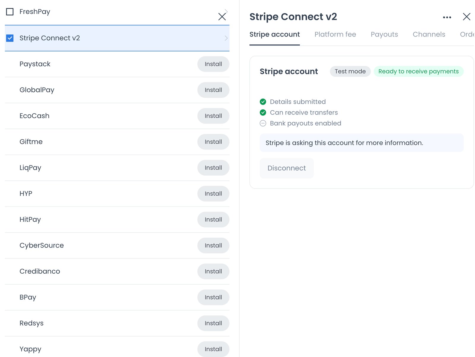Métodos de pago de la tienda con Stripe Connect v2 seleccionado y la pestaña Stripe account en estado Ready to receive payments