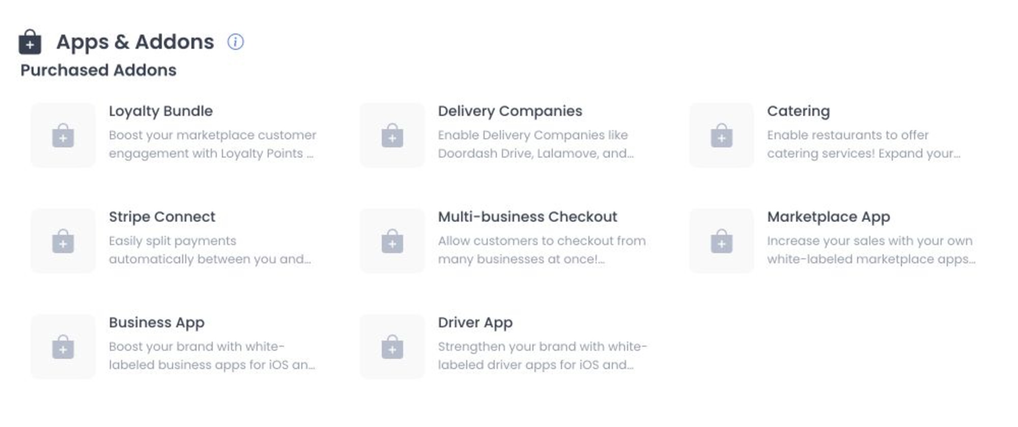 Apps and Addons catalog showing purchased add-on cards without prices or purchase controls