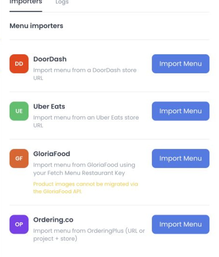 Available menu import source cards and their Import Menu actions