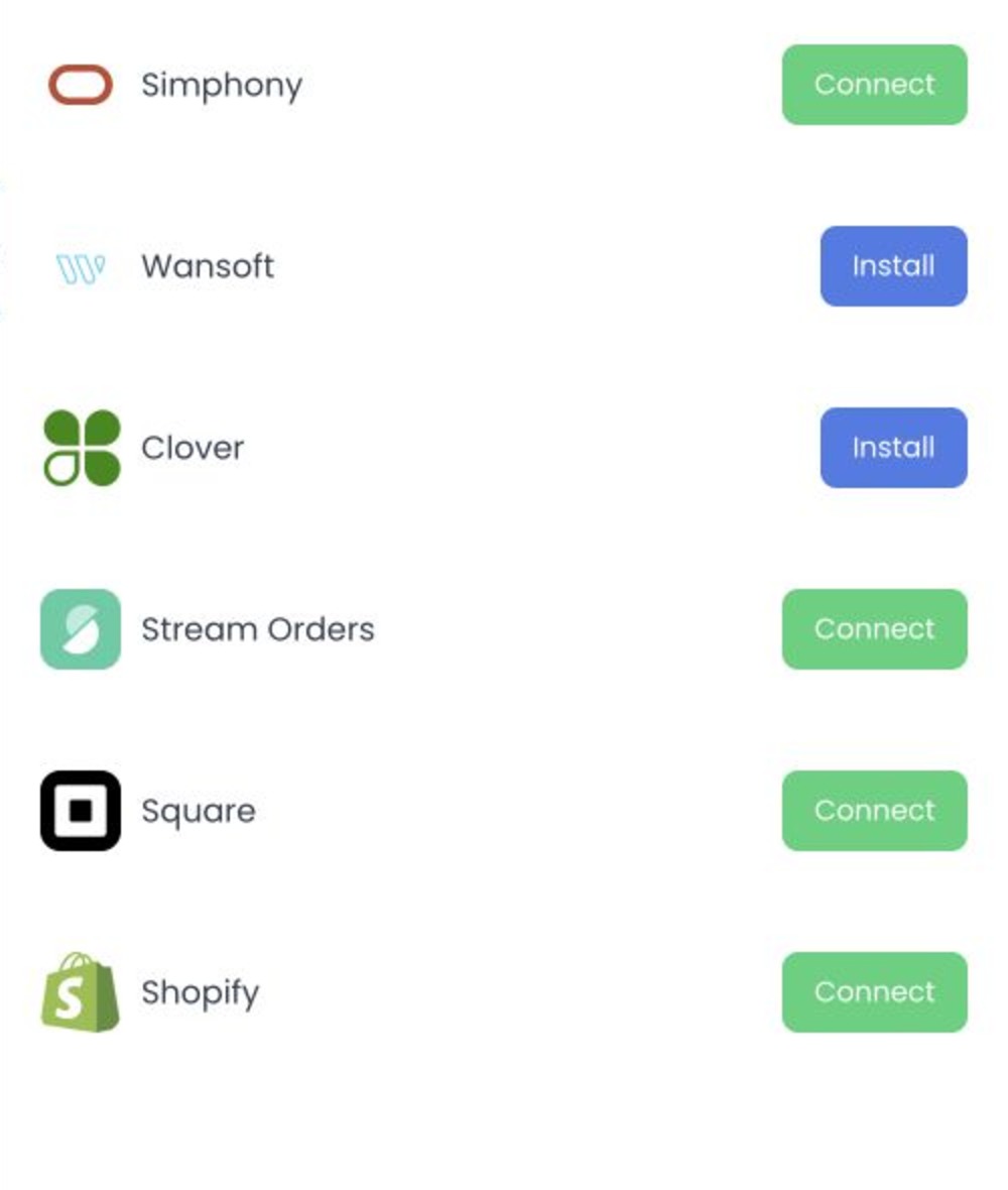 Available POS provider options with Connect and Install actions