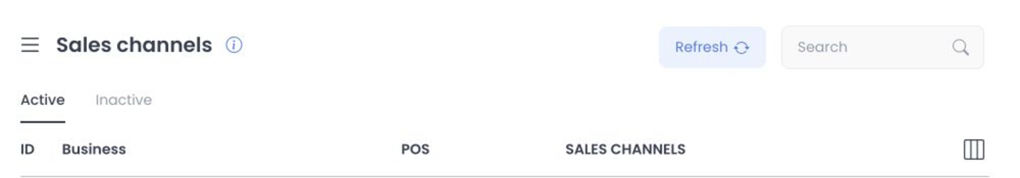 Sales Channels header with filter, refresh, search, and column controls