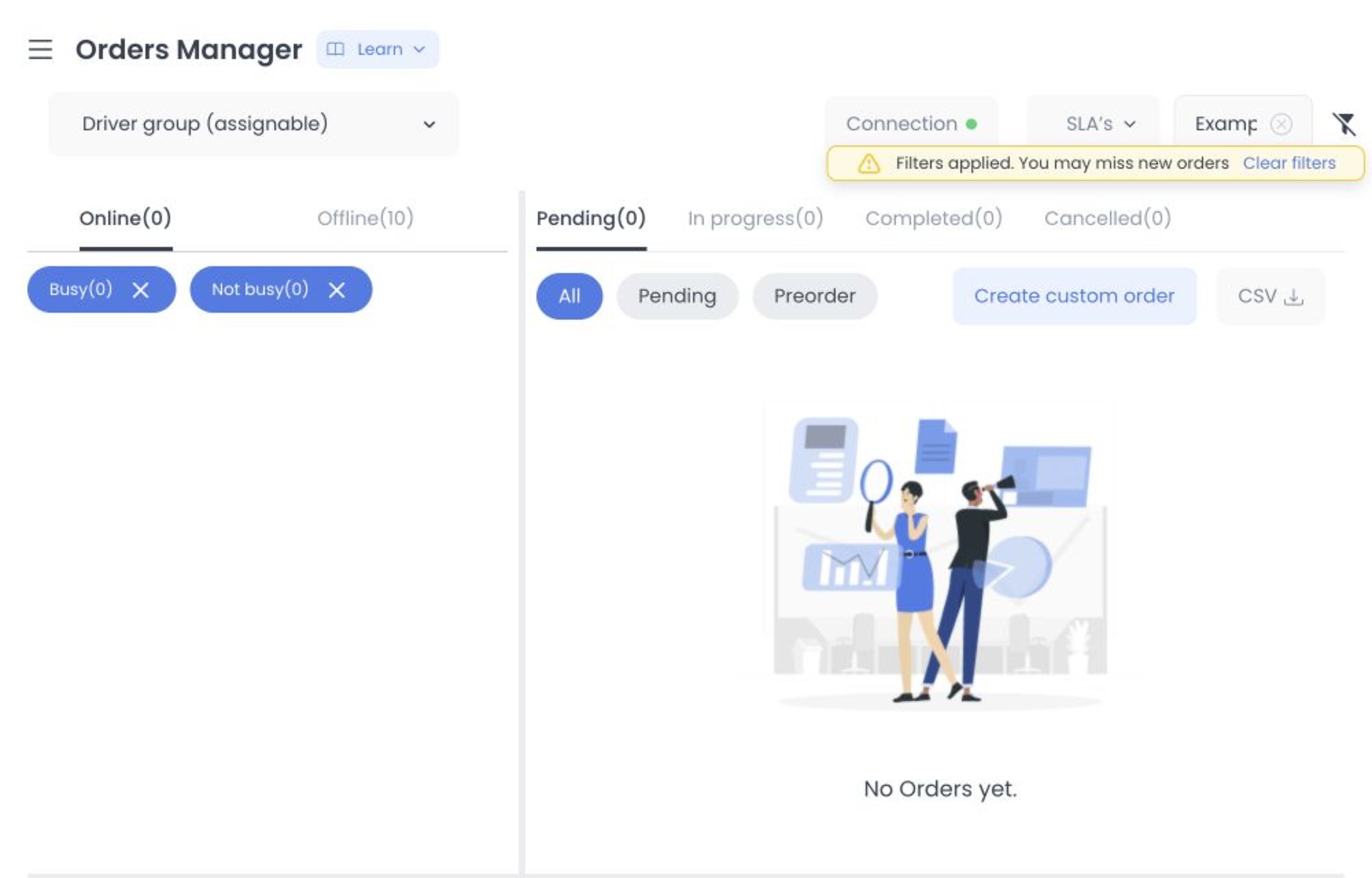 Synthetic All in one delivery workspace with driver, order, and map areas
