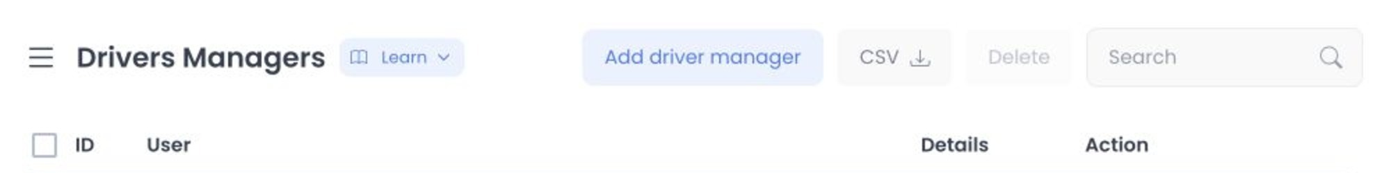 Drivers Managers heading, list actions, search, and column labels without account records