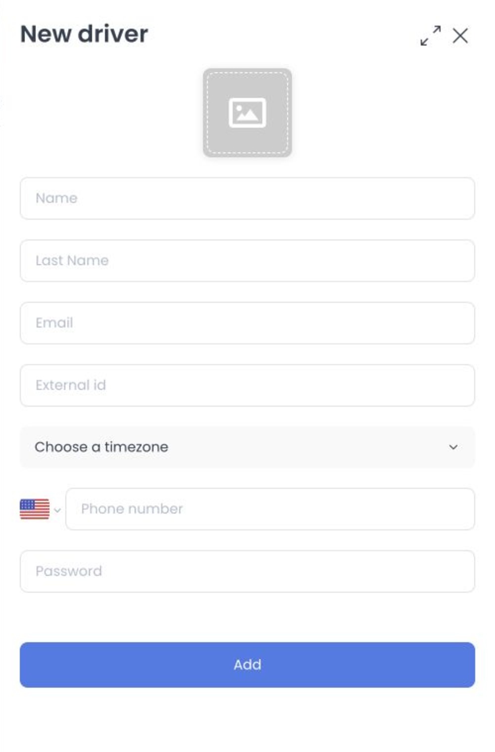 Blank New driver form with profile, contact, timezone, and password fields